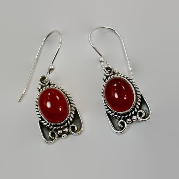 Red Carnelian  Earrings, Sterling Silver, Pierced, Red Stone, Dangle Earrings - Picture 1 of 4